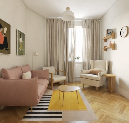 Gabinet psychologiczny — przytulne wnętrze z kanapą i fotelami